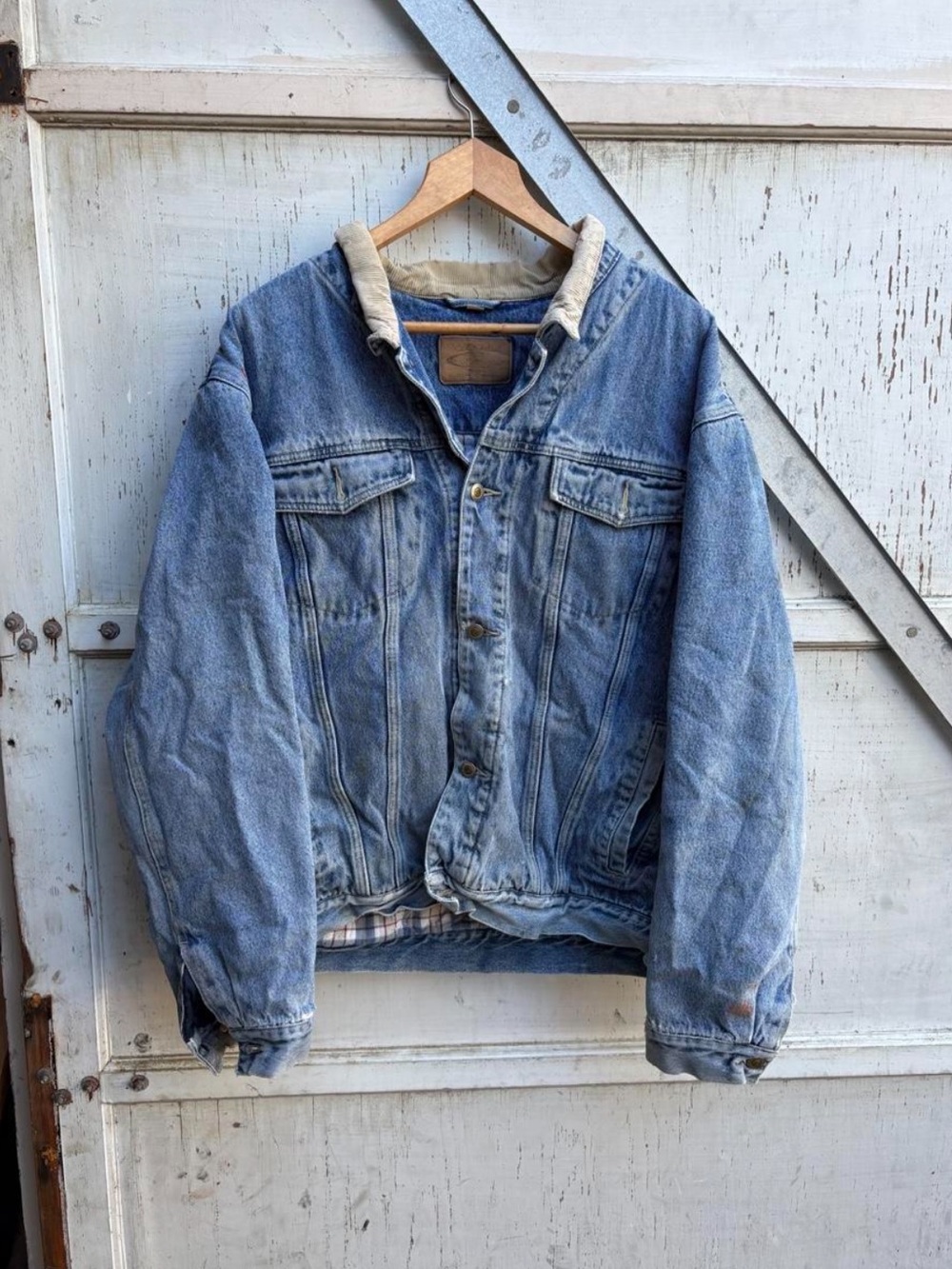 Vintage 90s Swingster Light Blue Denim Plaid Lined Corduroy Collar Jacket XL